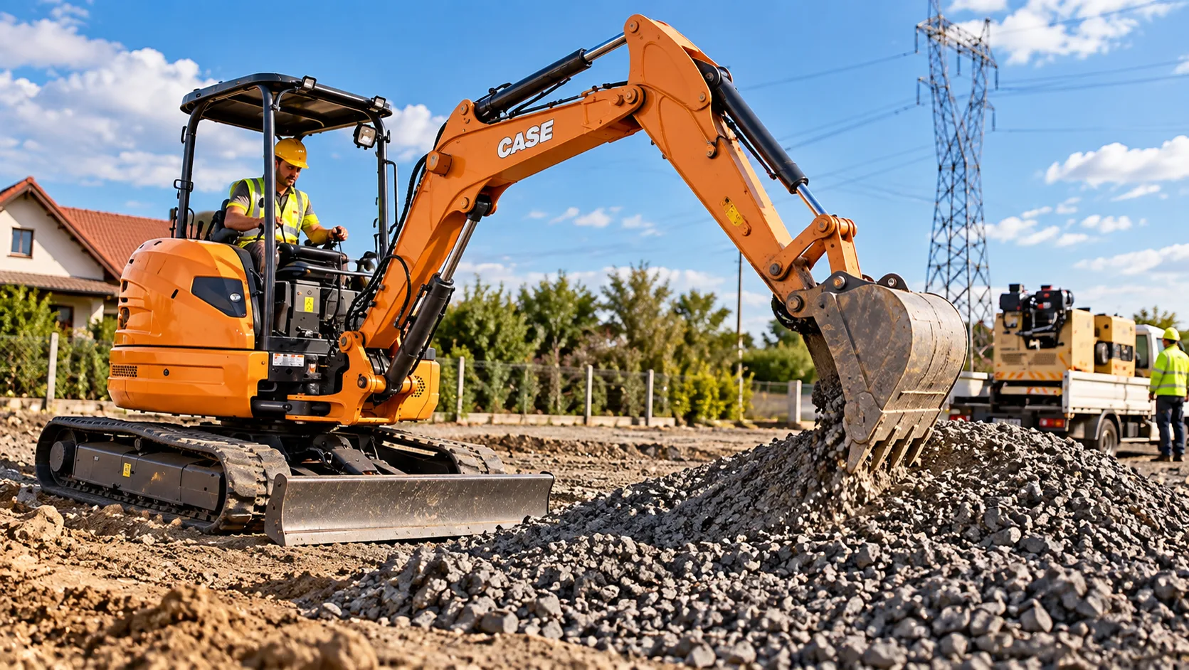 Excavator portocaliu fotografiat pe un teren de lucru